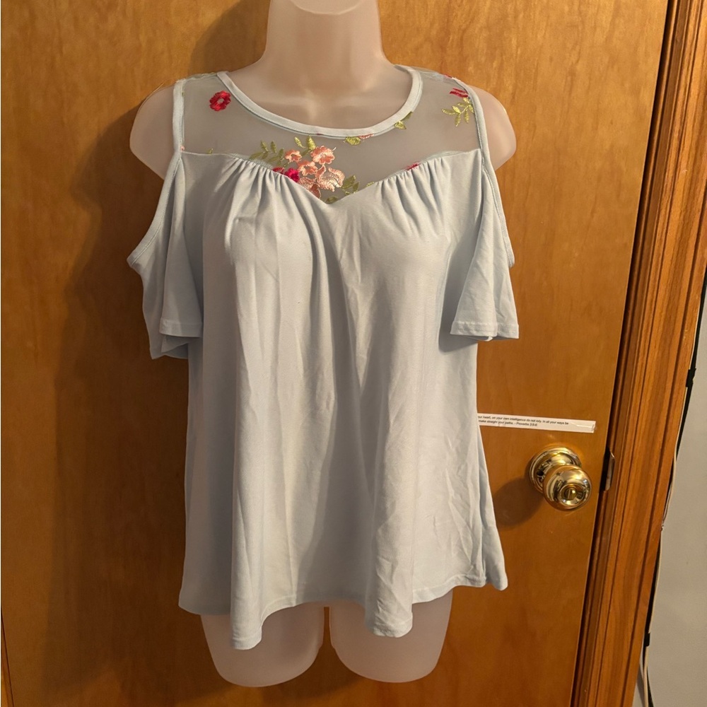 Ultra Flirt Light Blue Floral Cold Shoulder Blouse